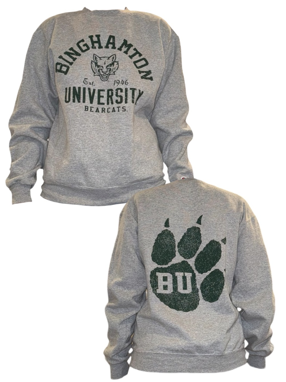 Champion Gray Binghamton University Crewneck Sweatshirt with Green Logo